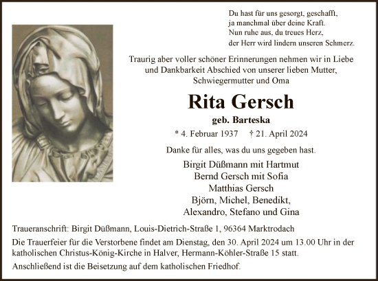 Todesanzeige von Rita Gersch von WA