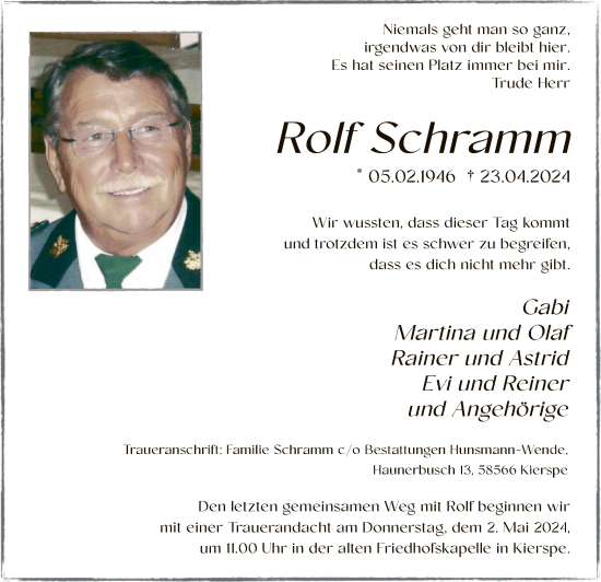 Todesanzeige von Rolf Schramm von WA