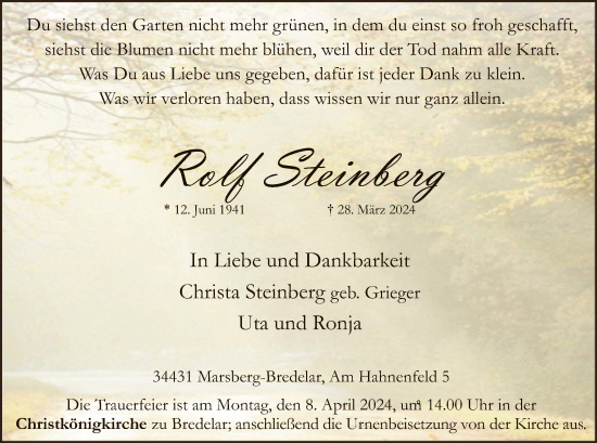 Todesanzeige von Rolf Steinberg von WA