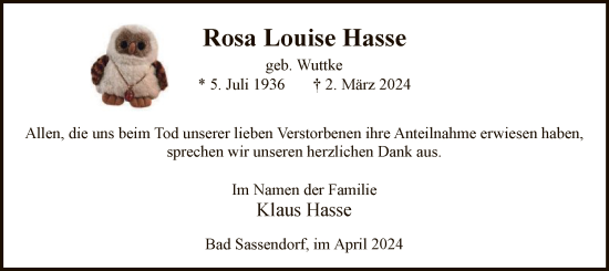 Todesanzeige von Rosa Louise Hasse von WA
