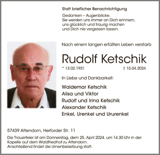 Todesanzeige von Rudolf Ketschik von WA