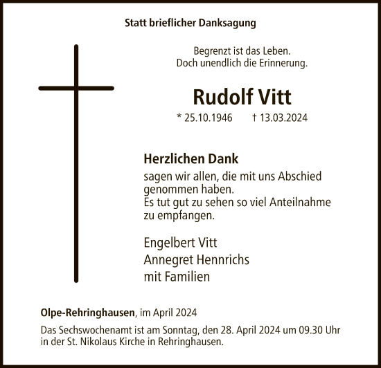 Todesanzeige von Rudolf Vitt von WA