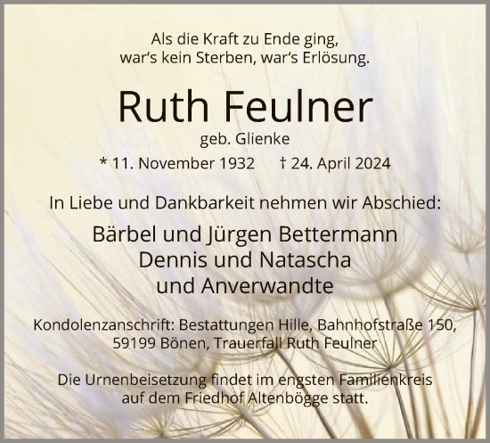 Todesanzeige von Ruth Feulner von WA