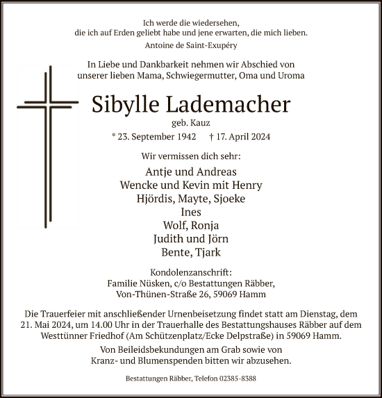 Todesanzeige von Sibylle Lademacher von WA