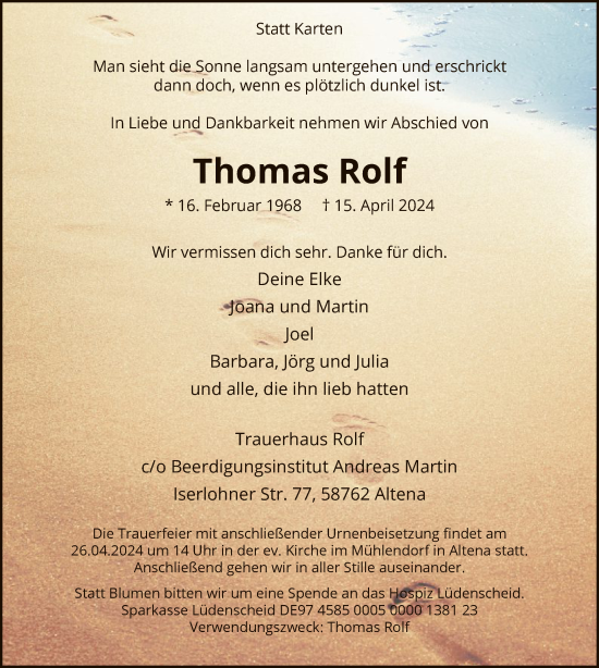 Todesanzeige von Thomas Rolf von WA