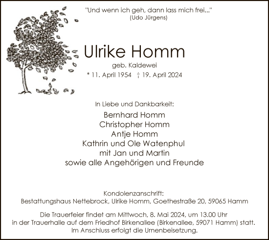 Todesanzeige von Ulrike Homm von WA
