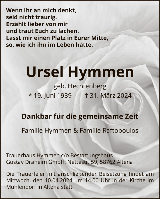 Todesanzeige von Ursel Hymmen von WA