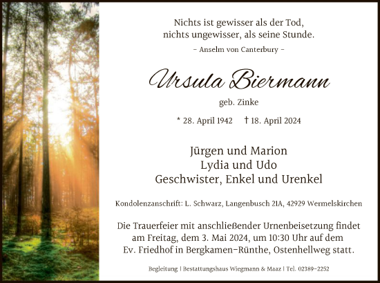Todesanzeige von Ursula Biermann von WA