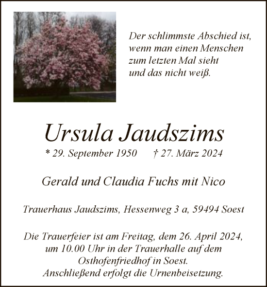 Todesanzeige von Ursula Jaudszims von WA