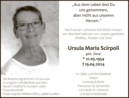 Todesanzeige von Ursula Maria Scirpoli von WA