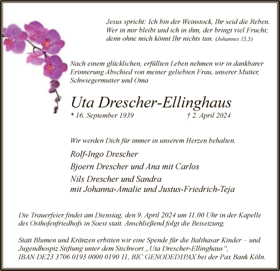 Todesanzeige von Uta Drescher-Ellinghaus von WA