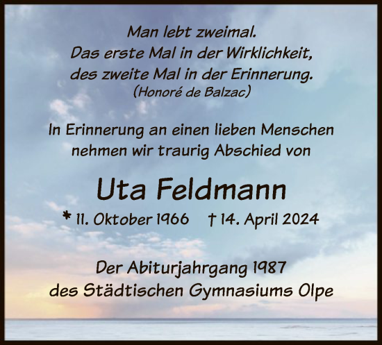 Todesanzeige von Uta Feldmann von WA