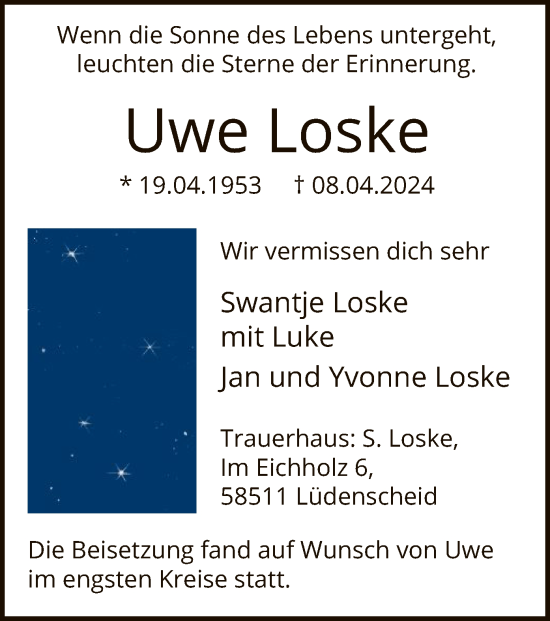 Todesanzeige von Uwe Loske von WA