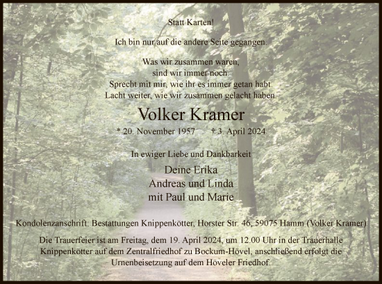 Todesanzeige von Volker Kramer von WA