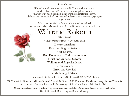 Todesanzeige von Waltraud Rokotta von WA