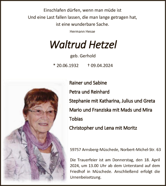 Todesanzeige von Waltrud Hetzel von WA