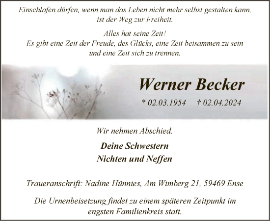 Todesanzeige von Werner Becker von WA