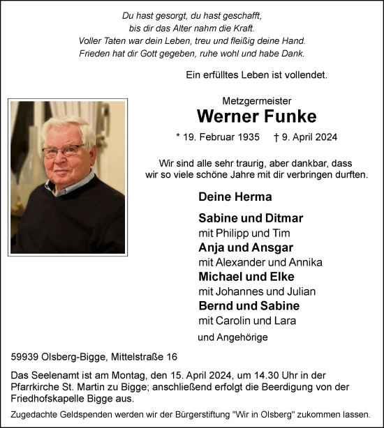 Todesanzeige von Werner Funke von WA