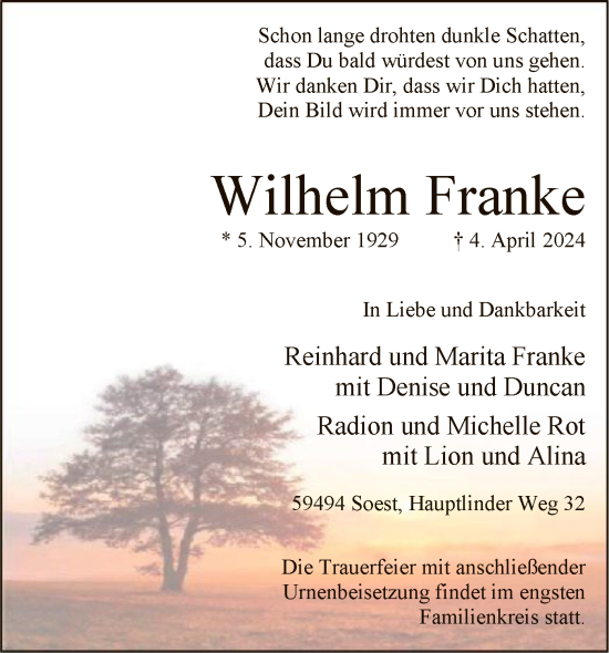Todesanzeige von Wilhelm Franke von WA