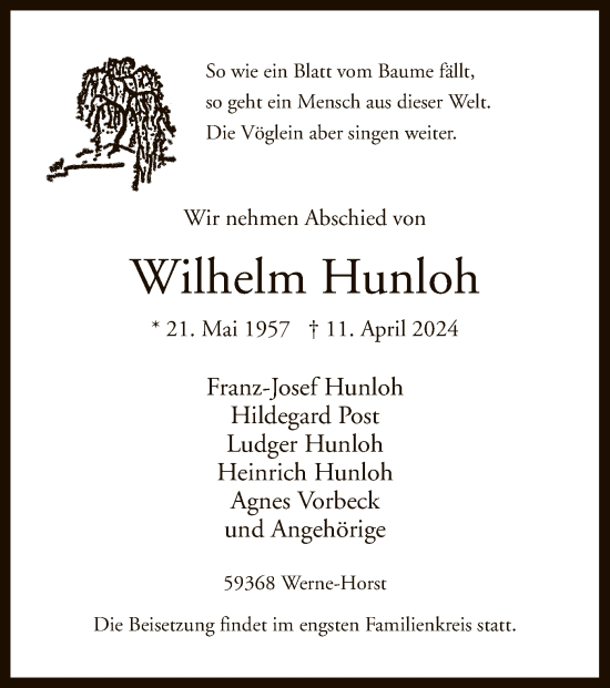 Todesanzeige von Wilhelm Hunloh von WA