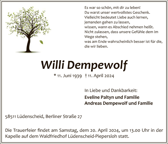 Todesanzeige von Willi Dempewolf von WA