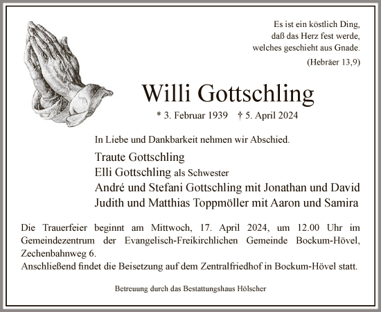 Todesanzeige von Willi Gottschling von WA