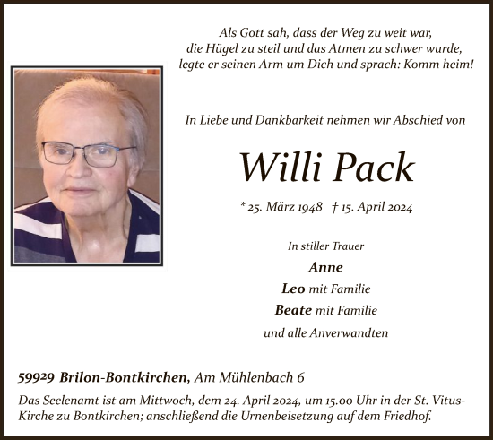 Todesanzeige von Willi Pack von WA