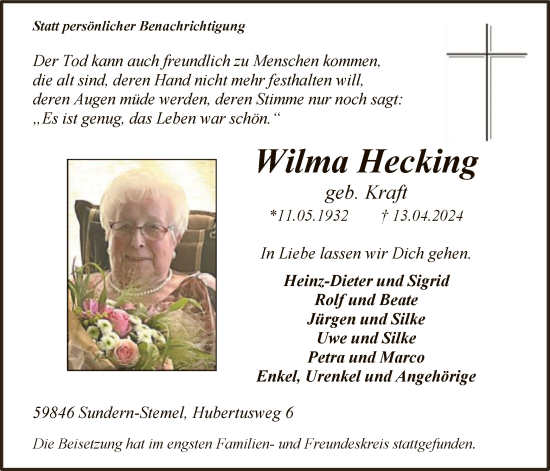 Todesanzeige von Wilma Hecking von WA