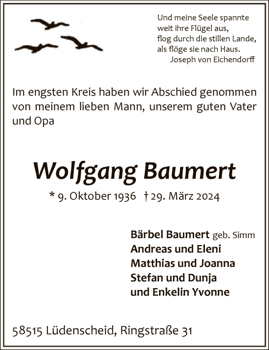 Todesanzeige von Wolfgang Baumert von WA