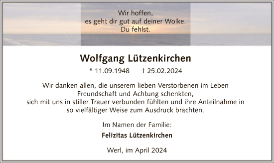 Todesanzeige von Wolfgang Lützenkirchen von WA