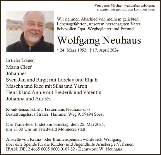 Todesanzeige von Wolfgang Neuhaus von WA