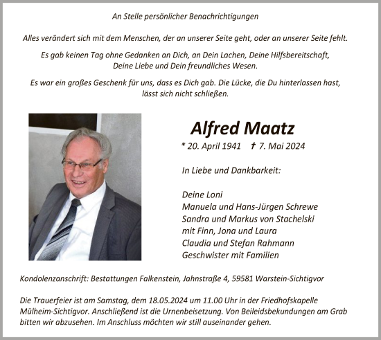 Todesanzeige von Alfred Maatz von WA