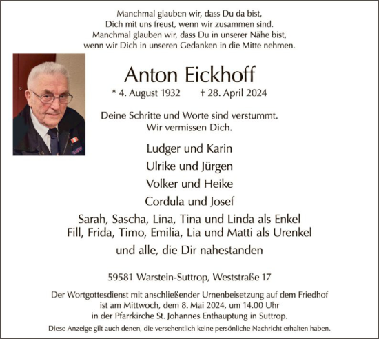 Todesanzeige von Anton Eickhoff von WA