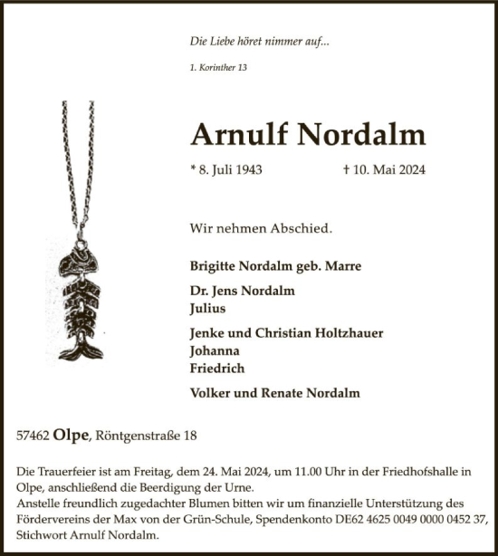 Todesanzeige von Arnulf Nordalm von WA