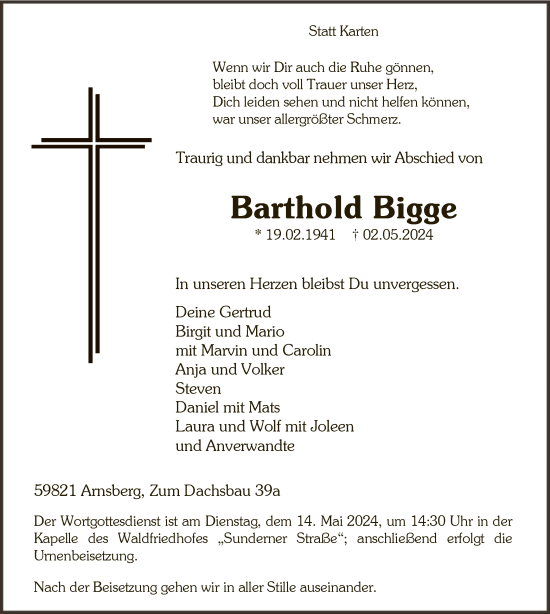 Todesanzeige von Barthold Bigge von WA