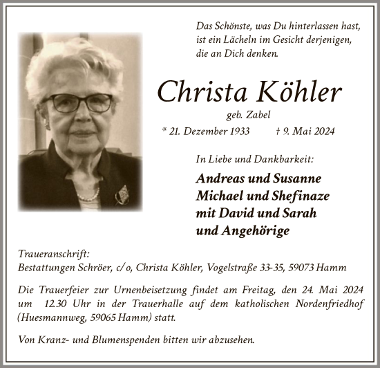 Todesanzeige von Christa Köhler von WA