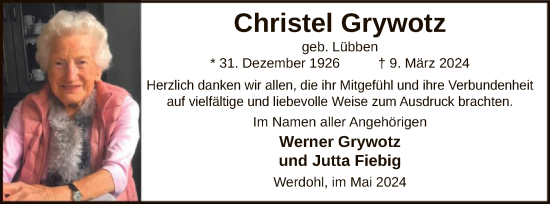Todesanzeige von Christel Grywotz von WA