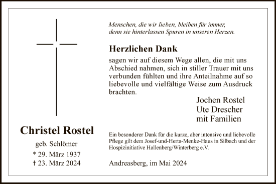 Todesanzeige von Christel Rostel von WA