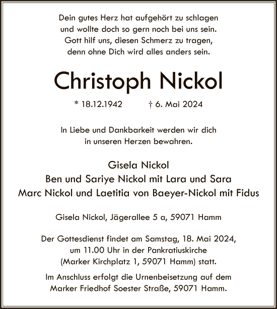 Todesanzeige von Christoph Nickol von WA