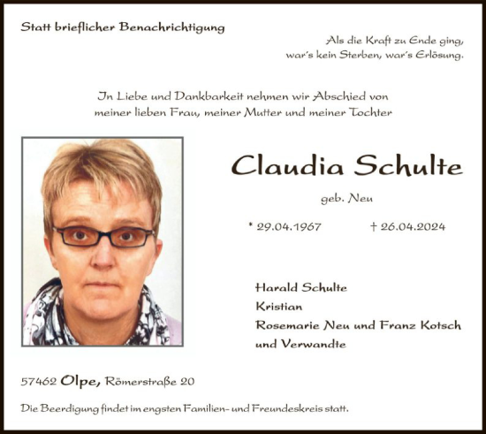 Todesanzeige von Claudia Schulte von WA