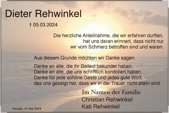 Todesanzeige von Dieter Rehwinkel von WA