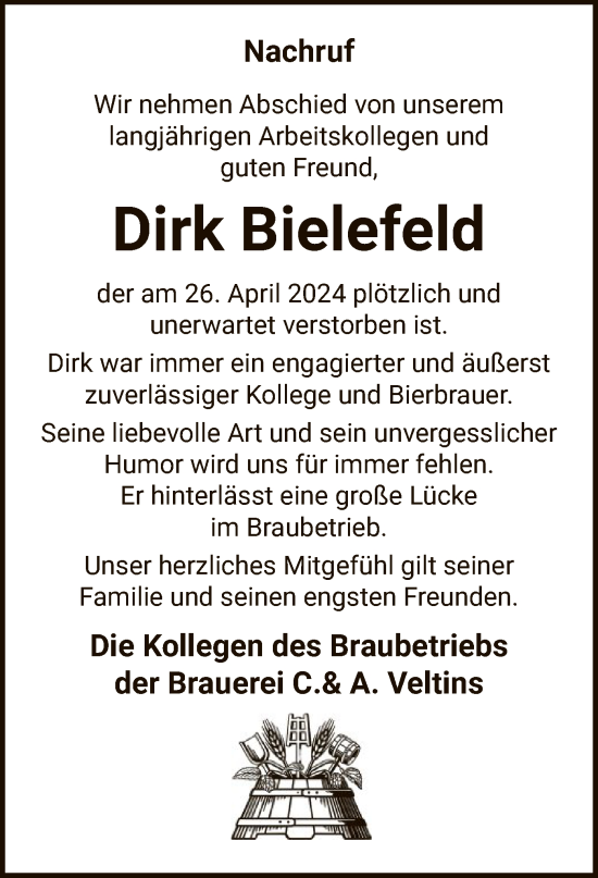 Todesanzeige von Dirk Bielefeld von WA