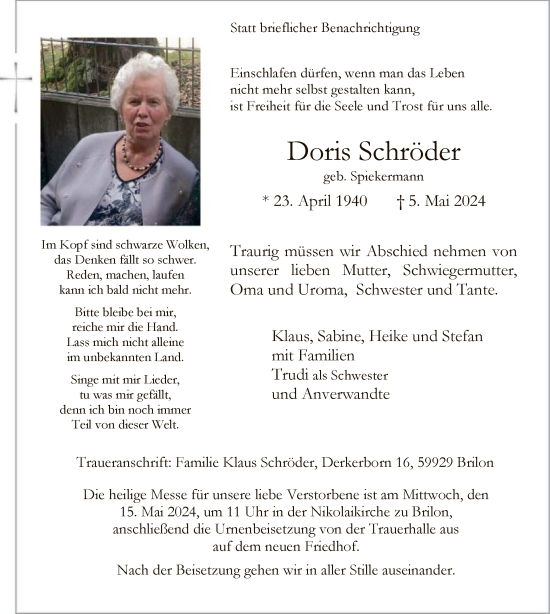 Todesanzeige von Doris Schröder von WA