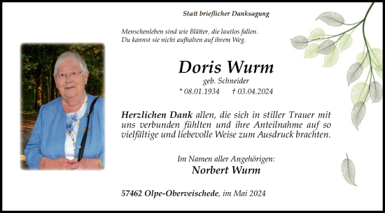 Todesanzeige von Doris Wurm von WA