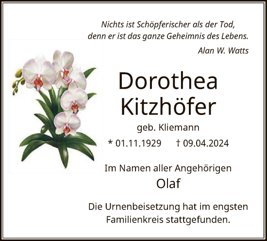 Todesanzeige von Dorothea Kitzhöfer von WA