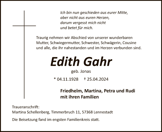 Todesanzeige von Edith Gahr von WA