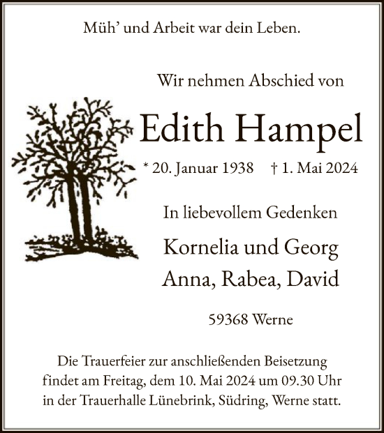 Todesanzeige von Edith Hampel von WA