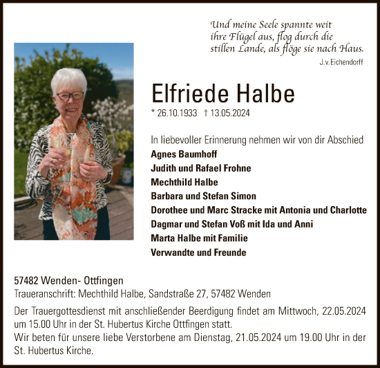 Todesanzeige von Elfriede Halbe von WA