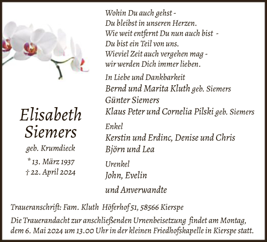 Todesanzeige von Elisabeth Siemers von WA