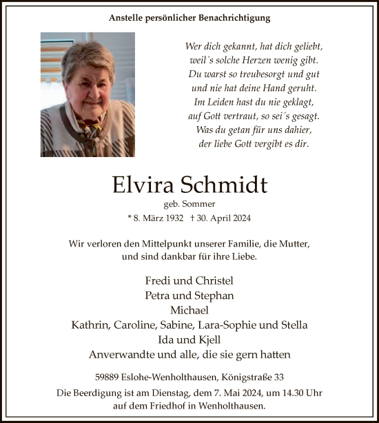 Todesanzeige von Elvira Schmidt von WA